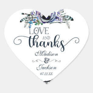 Boho Chic Mint & Navy Floral Love & Thanks Favor Heart Sticker