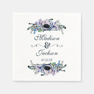 Boho Chic Mint & Navy Floral Monogram Wedding Napkins