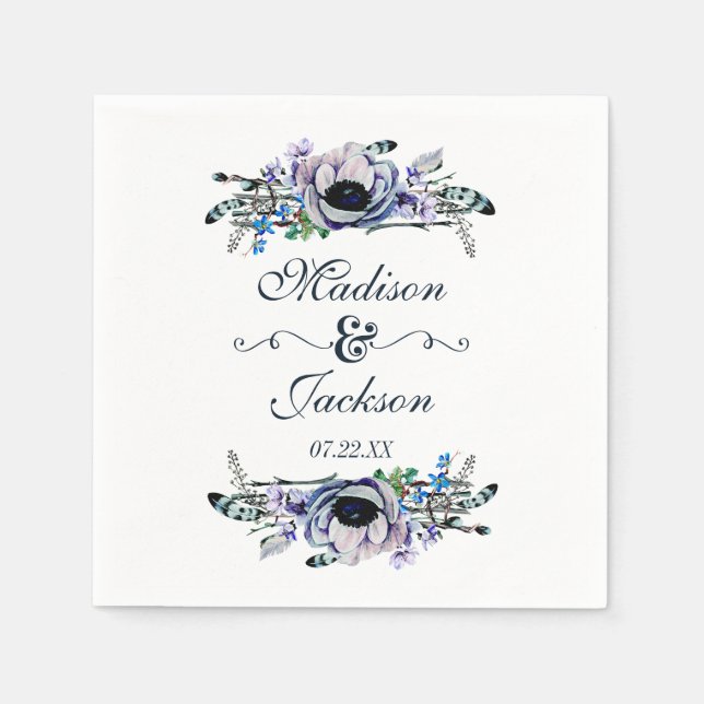 Boho Chic Mint & Navy Floral Monogram Wedding Napkins (Front)