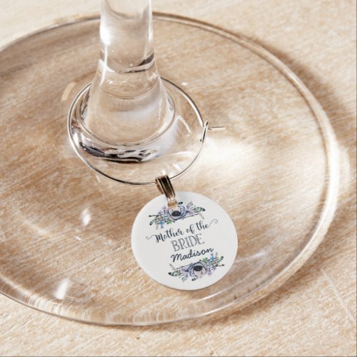 Boho Chic Mint  Navy Floral Mother of the Bride Wine Glass Charm