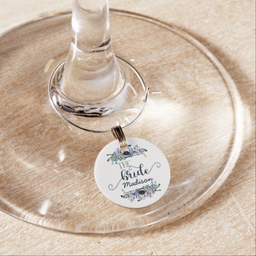 Boho Chic Mint Navy Floral Wedding Bride Monogram Wine Glass Charm