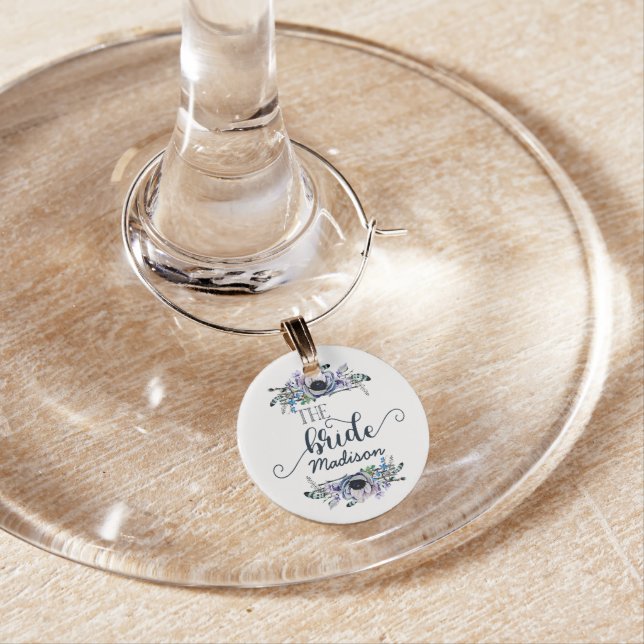 Boho Chic Mint Navy Floral Wedding Bride Monogram Wine Glass Charm (In Situ)