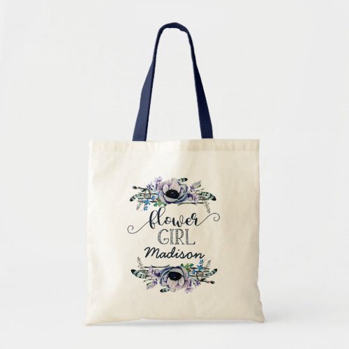 Boho Chic Mint  Navy Floral Wedding Flower Girl Tote Bag