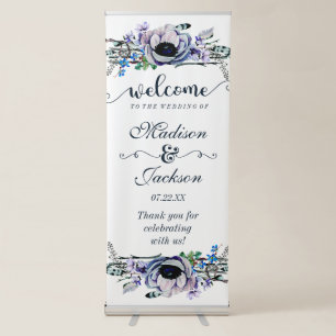 Boho Chic Mint & Navy Floral Wedding Welcome Retractable Banner