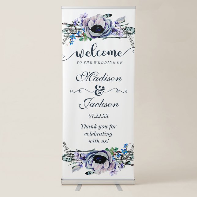 Boho Chic Mint & Navy Floral Wedding Welcome Retractable Banner (Front)