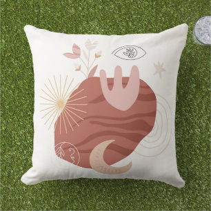 Boho chic moon line art flowers eye sunburst outdoor pillow