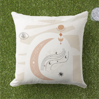 Boho chic moon stars rainbow eye line art outdoor pillow