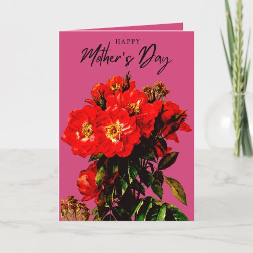 Boho Chic Mothers Day Red Roses Bouquet Magenta Card