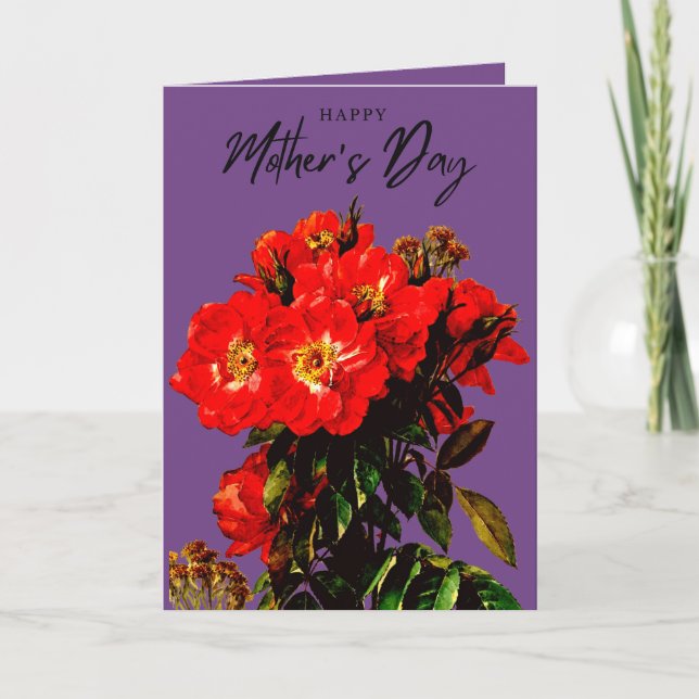 Boho Chic Mother's Day Red Roses Bouquet Purple Card (Front)