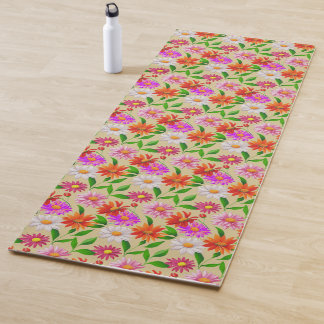 Boho Chic Multicolor Flowers with Leaves on Beige Yoga Mat