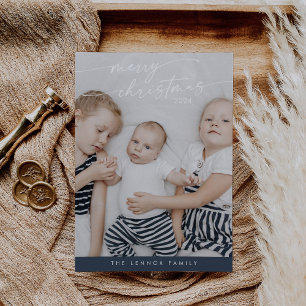 Boho Chic Navy Blue Cute Unique Photo Christmas Holiday Card