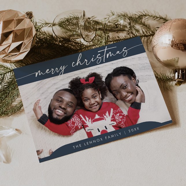 Boho Chic Navy Blue Easy Modern Photo Christmas Holiday Card (Creator Uploaded)