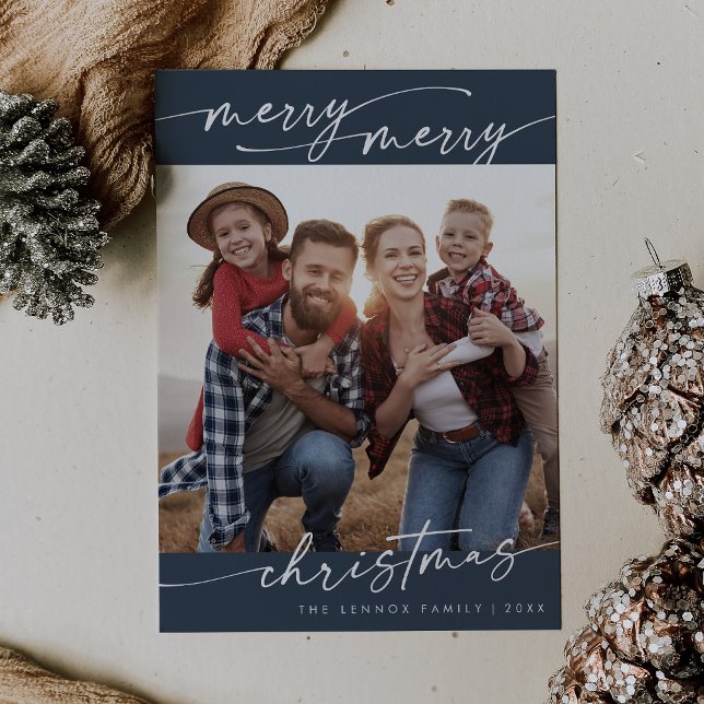 Boho Chic Navy Blue Family Photo Cute Christmas Holiday Card (Creator Uploaded)