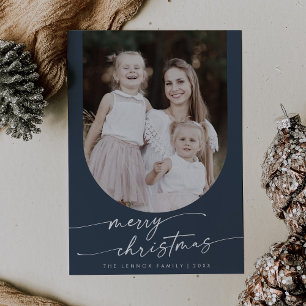 Boho Chic Navy Blue Photo Boho Family Christmas Holiday Card