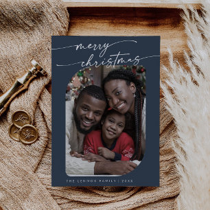 Boho Chic Navy Blue Photo Cute Merry Christmas Holiday Card