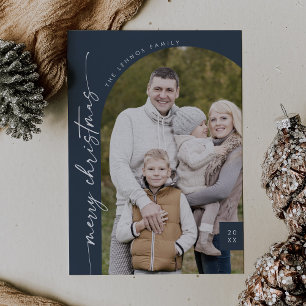Boho Chic Navy Blue Photo Modern Merry Christmas Holiday Card