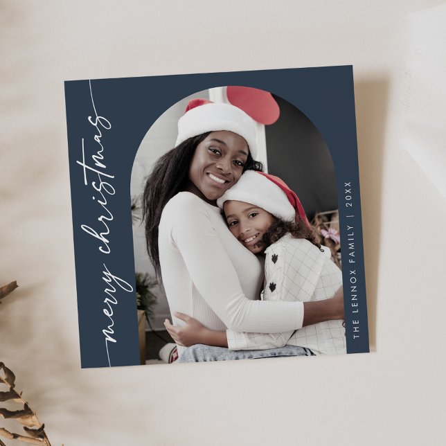 Boho Chic Navy Blue Photo Unique Merry Christmas Holiday Card (Creator Uploaded)