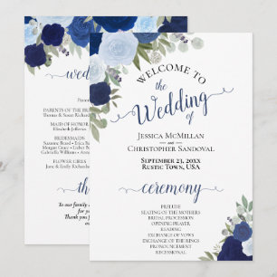 Boho Chic Navy & Dusty Blue Roses Elegant Wedding Program