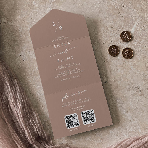 Boho Chic Neutral Taupe Dual QR Code Wedding All In One Invitation
