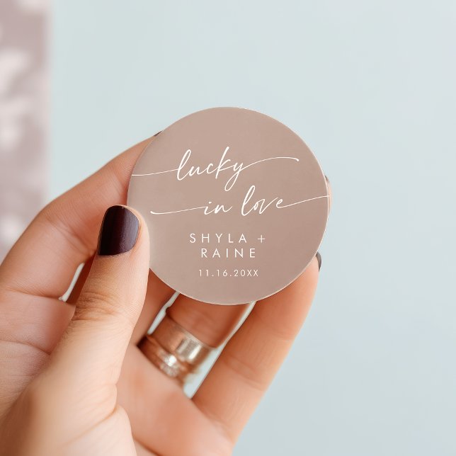 Boho Chic Neutral Taupe Lucky In Love Favor Classic Round Sticker (Boho Chic Neutral Taupe Lucky In Love Favor Classic Round Sticker)