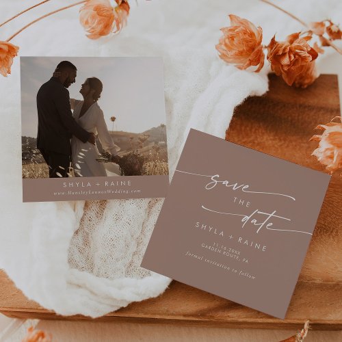 Boho Chic Neutral Taupe Square Photo Back Save The Date