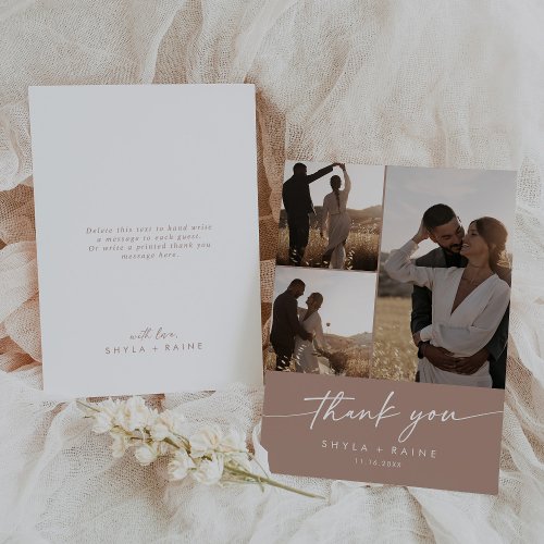 Boho Chic Neutral Taupe Wedding Photo Collage Thank You Card
