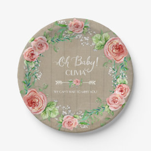 BOHO Chic Oh Baby Girl Shower Wood Watercolor Paper Plates