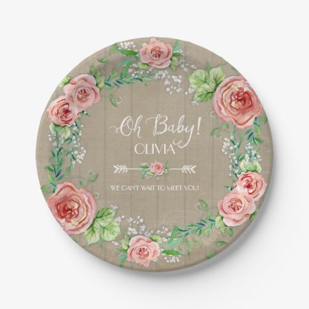 Boho Chic Oh Baby Girl Shower Wood Watercolor Paper Plates