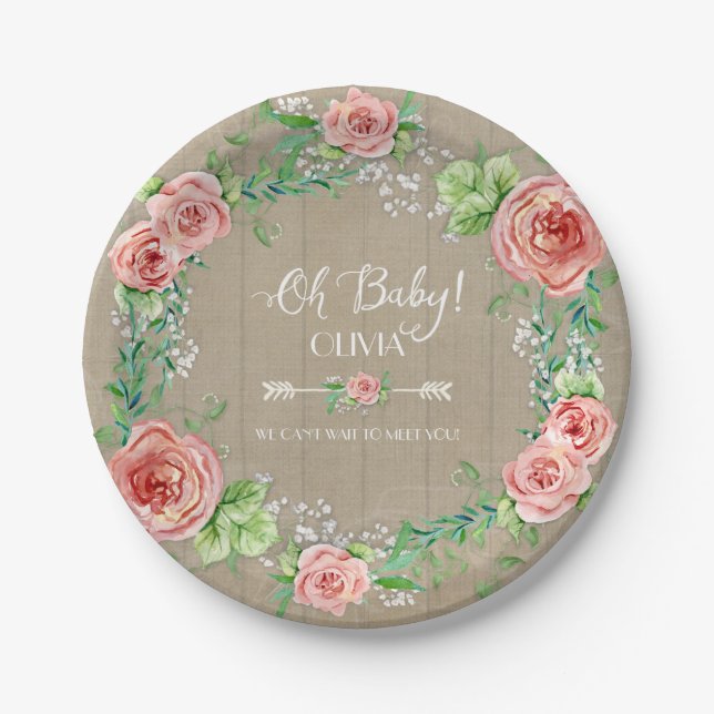 BOHO Chic Oh Baby Girl Shower Wood Watercolor Paper Plates (Front)