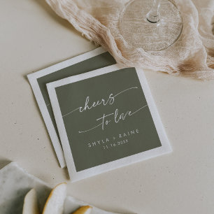 Boho Chic Olive Green Cheers to Love Wedding Napkins