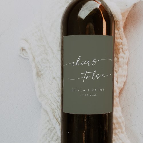 Boho Chic Olive Green Cheers to Love Wedding Wine Label