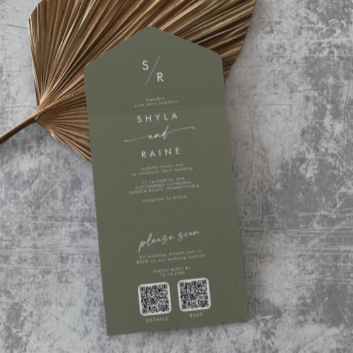 Boho Chic Olive Green Dual QR Code Wedding All In One Invitation