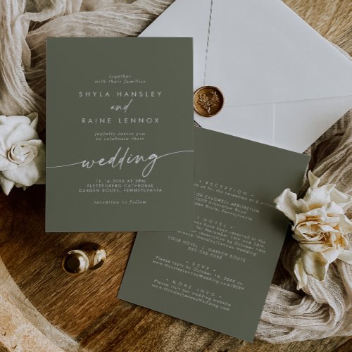 Boho Chic Olive Green Front and Back Wedding Invitation