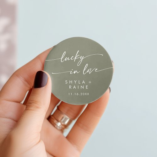 Boho Chic Olive Green Lucky In Love Favor Classic Round Sticker