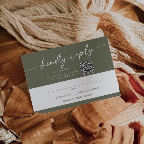Boho Chic Olive Green Mail In and QR Code RSVP Card