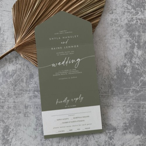 Boho Chic Olive Green Meal Choice RSVP Wedding All In One Invitation