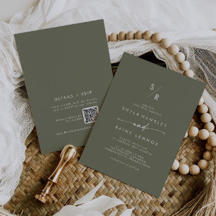 Boho Chic Olive Green Monogram QR Code Wedding Invitation