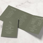 Boho Chic Olive Green Monogram Wedding Tri-Fold Program<br><div class="desc">This boho chic olive green monogram wedding tri-fold program is perfect for a minimalist wedding. The woodsy dark green earth tone modern bohemian design features simple rustic calligraphy with a unique yet classic style. Personalize your wedding program with your initials, names, wedding date and location, your favorite quote or lyric,...</div>