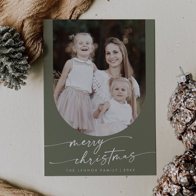 Boho Chic Olive Green Photo Boho Family Christmas Holiday Card (Creator Uploaded)