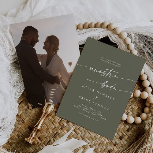 Boho Chic Olive Green Photo Spanish Wedding Invitation