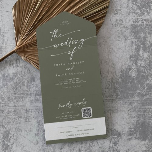 Boho Chic Olive Green QR Code Mail In Wedding All In One Invitation
