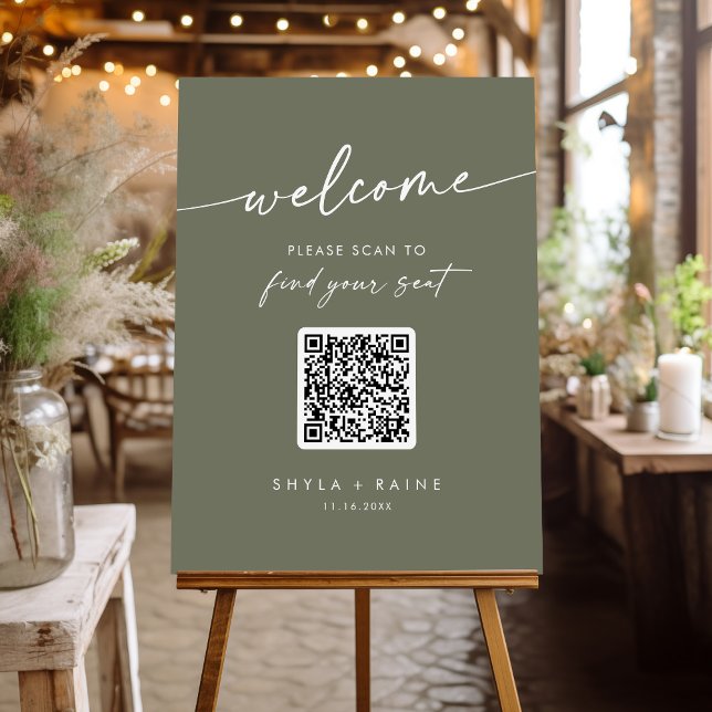 Boho Chic Olive Green QR Code Seating Chart Foam Board (Creator Uploaded)