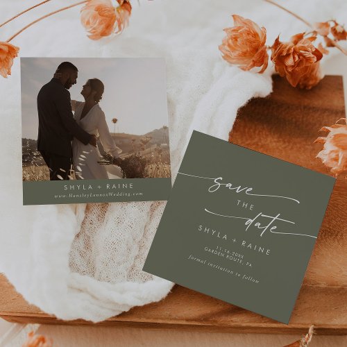Boho Chic Olive Green Square Photo Back Save The Date