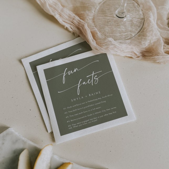 Boho Chic Olive Green Wedding Fun Fact Napkins (Creator Uploaded)