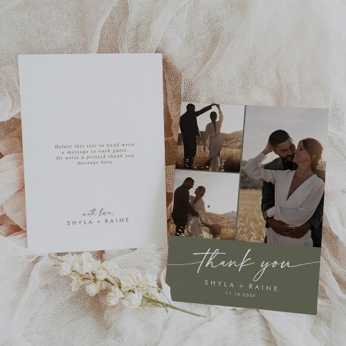 Boho Chic Olive Green Wedding Photo Collage Thank You Card