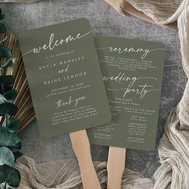 Boho Chic Olive Green Wedding Program Hand Fan (Creator Uploaded)