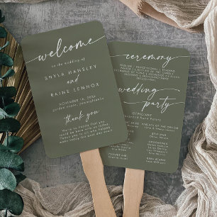 Boho Chic Olive Green Wedding Program Hand Fan