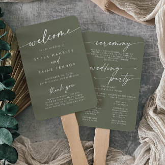 Boho Chic Olive Green Wedding Program Hand Fan