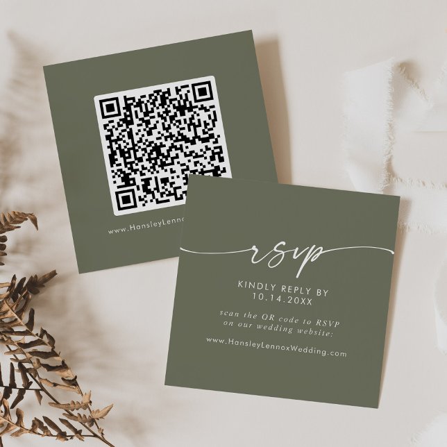 Boho Chic Olive Green Wedding QR Code RSVP Enclosure Card (Creator Uploaded)