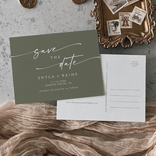 Boho Chic Olive Green Wedding Save the Date Invitation Postcard (Creator Uploaded)